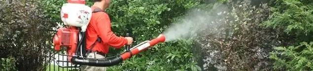 Mosquito control technician fogging shrubs and landscaping for mosquito treatment in Boca Raton, FL
