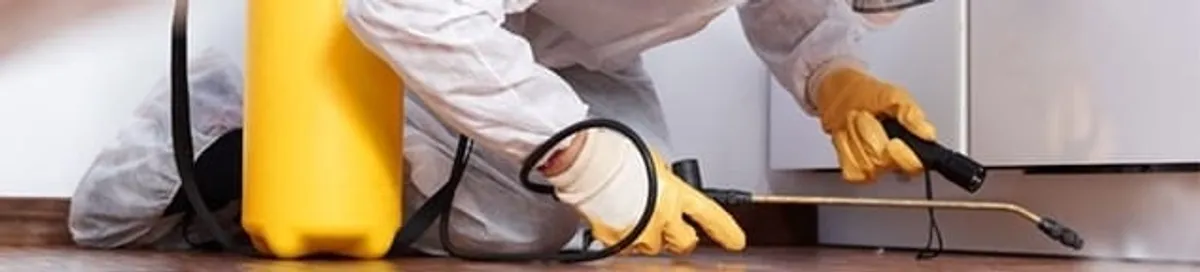 Roach exterminator treating cracks and crevices along kitchen baseboards in Boca Raton, FL